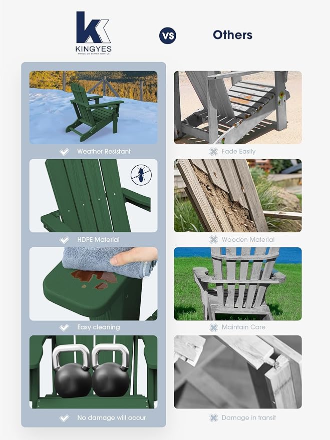 KINGYES Folding Adirondack Chair with Dual Cup Holders - HDPE All-Weather Outdoor Chairs, Wood-Like Patio Chair for Backyard, Camping, Pool & Fire Pit, Dark Green
