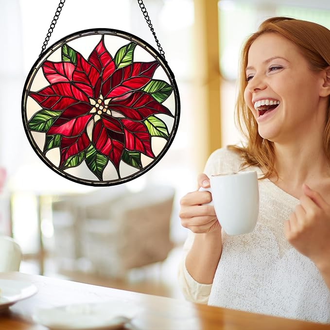 CRISGIF Stained Glass Window Hanging - Red Poinsettia Birth Flower Suncatcher for Door Garden Yard Sun Catchers Decor Christmas Mother's Day Birthday Gifts for Women Mom Nana Friend Men 15 in