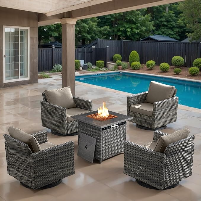 Outdoor Swivel Rocker Chairs Set of 4 with Fire Pit Table - 5 Peice Wicker Patio Furniture Set Conversation Set with 50,000 BTU Fire Pit for Deck Backyard - Grey Wicker Grey Cushion