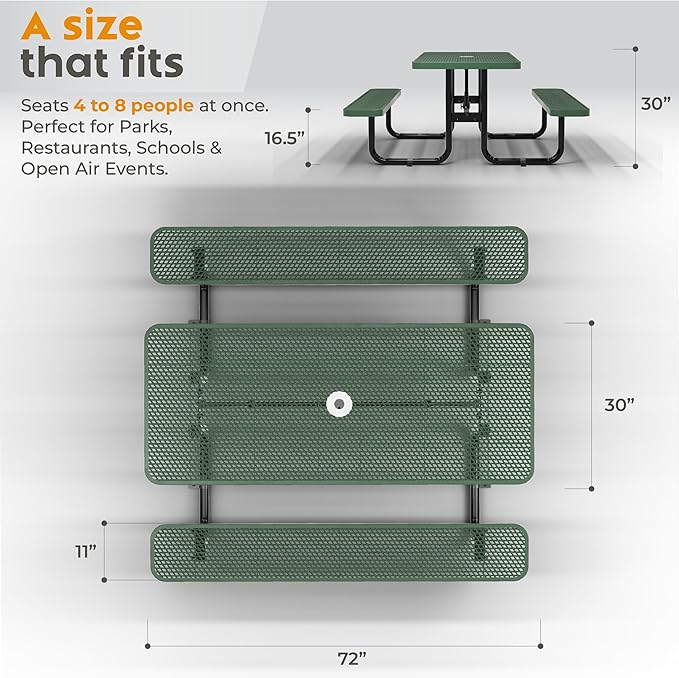 Commercial Heavy-Duty Metal Picnic Table - ADA Compliant, Adjustable Seats, Umbrella Hole, Expanded Metal (Green, 6' Rectangular)