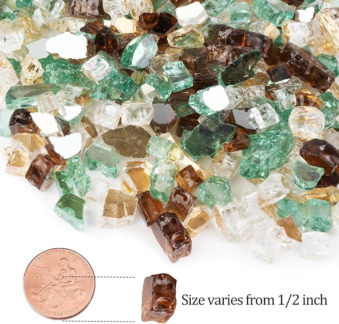 GASPRO 10 lbs Fire Glass for Propane Fire Pit, 1/2-Inch Reflective Fireplace Glass Rocks for Fire Pit Table, Gold Copper Green