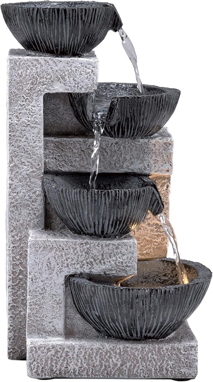 Alpine Corporation WIN1578 14" Cascading Tabletop Bowl Fountain with LED Lights – Elegant Water Fountain for Home, Office, Living Room, Bedroom, and Desk, Gray