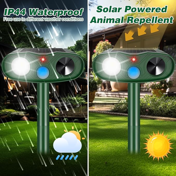 4Pack Ultrasonic Animal Repellent Outdoor Deer Repellent Devices,Solar Cat Squirrel Repeller Motion Detection Rabbit Raccoon Squirrel Dog Repellent Deterrent with LED Flash Lights for Yard