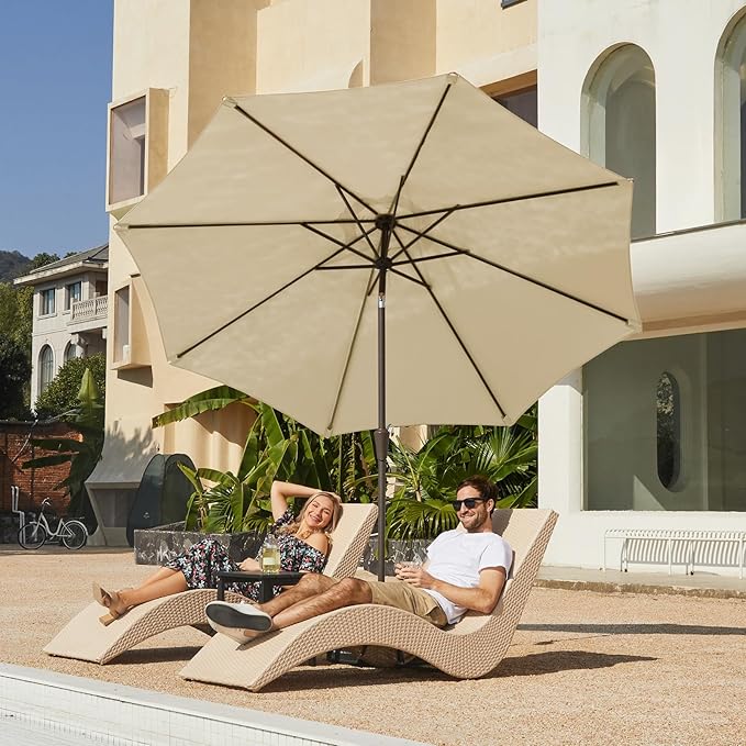 JEAREY 9FT Outdoor Patio Umbrella Outdoor Table Umbrella with Push Button Tilt and Crank, Market Umbrella 8 Sturdy Ribs UV Protection Waterproof for Garden, Deck, Backyard, Pool (Tan)
