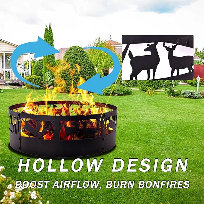 Fire Pit Ring Outdoor Steel: Heavy Duty Round Firepit Ring with Patterned Cutouts for Backyard Camping & Beach Bonfires 36Inch