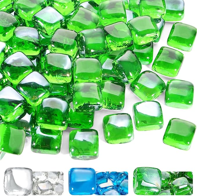 GasSaf Green Fire Glass Cubes for Outdoor Fire Pit, Fireplace, Replaces Existing Gas Logs & Lava Rocks, 1 Inch Glass(10 Pound)(Green Luster)