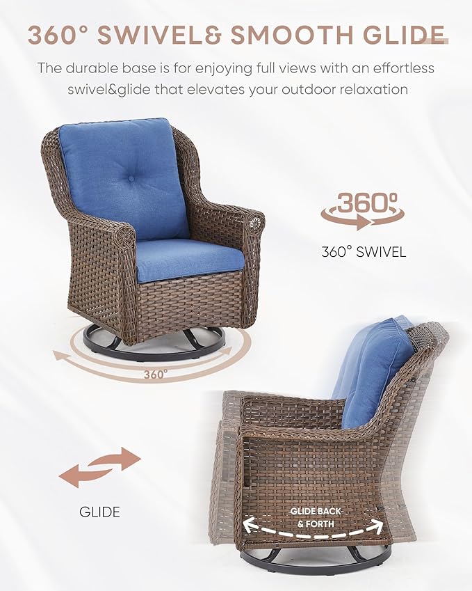 Patio Chairs Outdoor Swivel Glider - Set of 2 High Back Outside Brown Wicker Rattan Rocking Chair with Thick Cushion for Porch Apartment Deck Yard Poolside Garden - Navy Blue