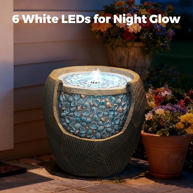 Kingsyard Outdoor Water Fountain with LED Lights, 13" Resin Indoor Fountain Tabletop Decor, Quiet Garden Fountain for Patio Deck Porch with Blue Seashells