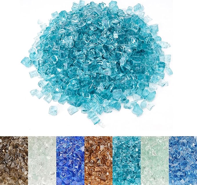 Skyflame High Luster 10-Pound Fire Glass for Fire Pit Fireplace Landscaping (1/2", Aqua Blue)