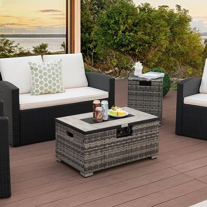 Tangkula 2 Piece Outdoor Propane Fire Pit Table Set with Hideaway Propane Tank Holder, 40,000 BTU Rattan Wicker Fire Pit Table with Lava Rocks, Waterproof Cover, Ideal for Backyard, Patio (Mix Grey)