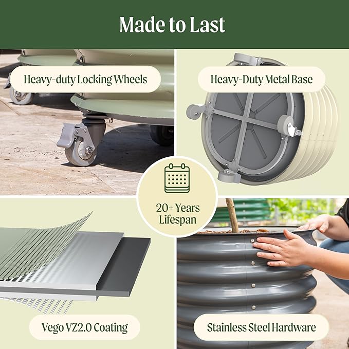 Rolling Metal Citrus Tree Planter, Self-Watering Round Planter Box for Porch Patio & Backyard, Raised Garden Bed with Wheels for Growing Trees Tomatoes Vegetables and Flowers, Twin Pack-Modern Gray