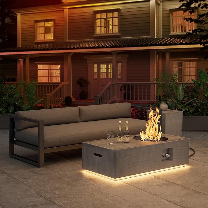 Dineli 2-Piece Outdoor Propane Fire Pit Table Set w Tank Table 48'' Rectangular Firepit Gas Fire Pits for Outside Patio Table Fire Pit w LED, 50,000 BTU (Light Gray with Warmlight)