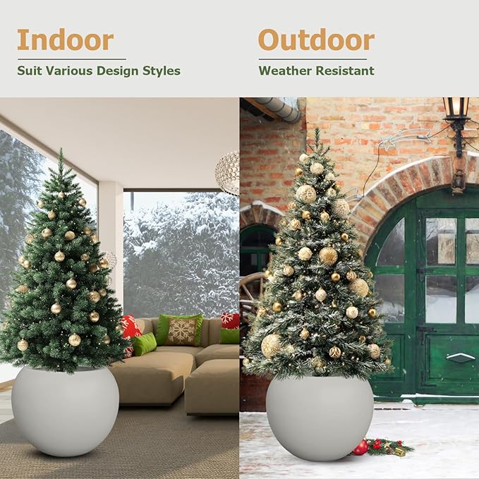 16" H x 20" D Globo Fiberstone Round Planter - Christmas Tree Planter, Smooth Finishes, Weather Resistant for Indoor & Outdoor Use, Included 2 Extra Coco Mats (Light Gray, 13.5 Pot Opening)