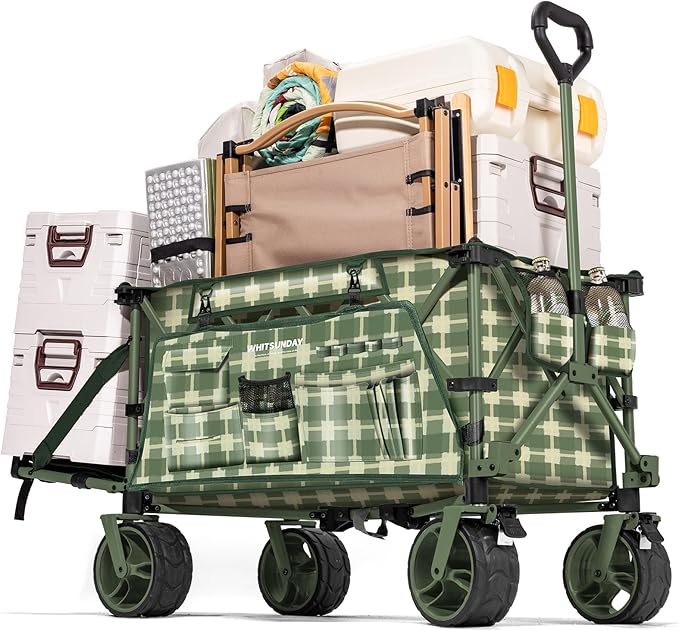 Whitsunday Collapsible Folding Wagon with Tailgate, Heavy Duty Utility Beach Wagons with All-Terrain Wheels for Camping,Garden,Sports Green