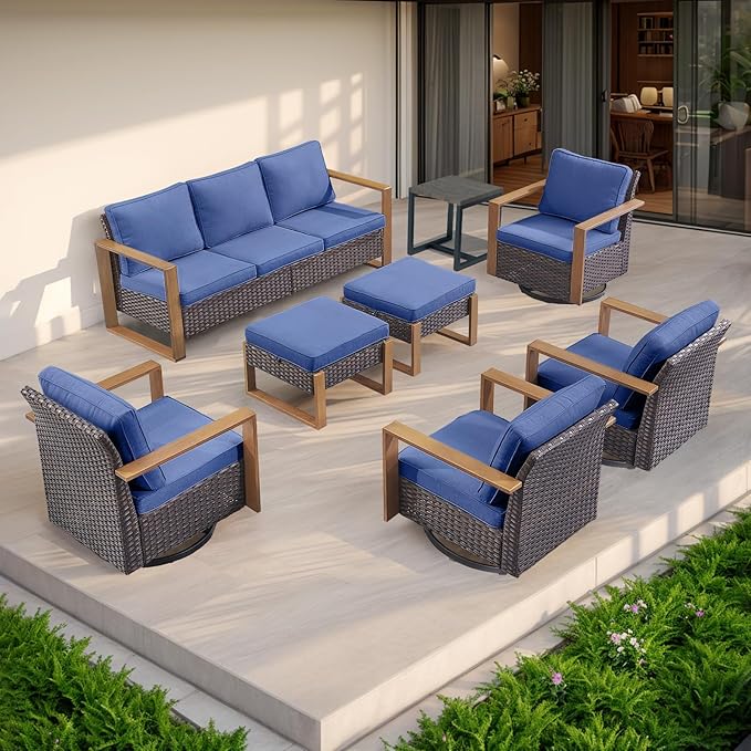 Rilyson Outdoor Wicker Patio Furniture Set - 8 Piece Patio Conversation Set with 4 Wicker Swivel Rocker Chairs,2 Rattan Ottoman 1 Side Table and 1 Couch,Thick Cushions,Deep Seating(Brown/Blue)
