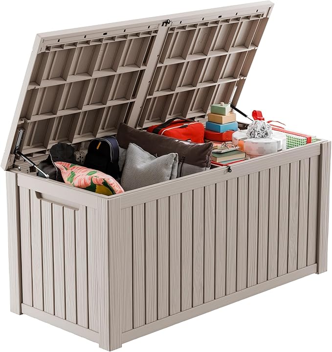 190 Gallon Deck Box Large Outdoor Storage for Patio Furniture,Outdoor Cushions,Garden Tools and Pool Supplies,Waterproof,Resin,Lockable(Grey)