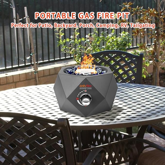 ONLYFIRE OUTDOOR LIVING Propane Gas Fire Pit Bottom-Mounted, 14" Portable Gas Firepit with Glass Stones for Table with Umbrella Hole for Outdoor Patio Camping Bonfire RV, #FP003