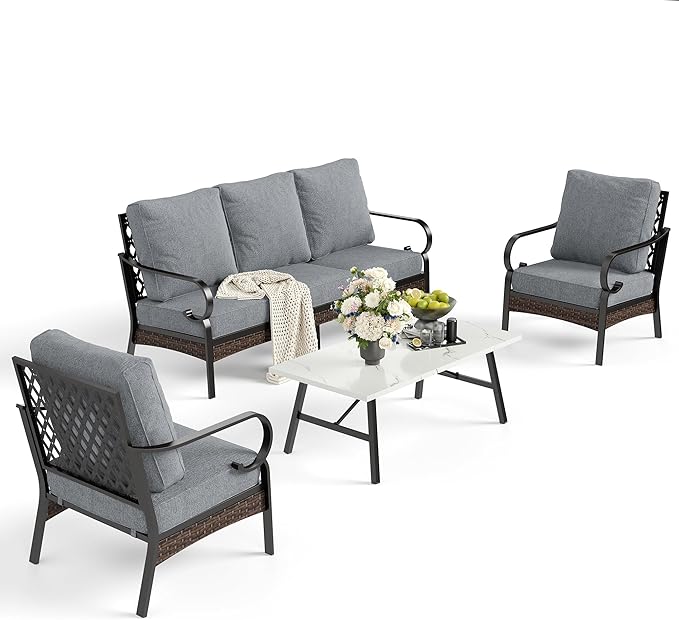 SUNSHINE VALLEY 4 Piece Metal Outdoor Patio Furniture Set, Patio Conversation Sets 1 3-Seater Sofa, 2 Chairs with 5.75" Extra Thick Cushion and Coffee Table, Black Frame Backyard Furniture, Gray