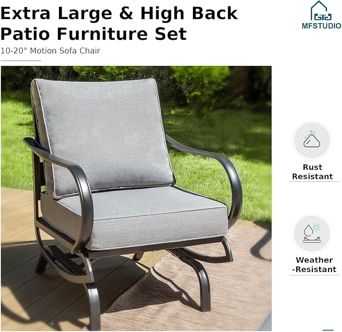 MFSTUDIO 5 Pieces Patio Conversation Sets, Outdoor Metal Furniture Sofas with 1 x 3-Seat Sofa, 2 x Rocking Chairs, 2 x Ottoman, Durable Steel Frame with Grey Cushion for Patio Balcony
