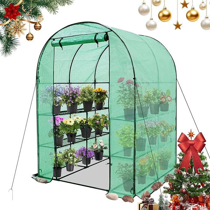 EAGLE PEAK 3-Tier Walk in Portable Greenhouse with 8 Wire Shelves, Indoor and Outdoor Garden House with Roll Up Zipper Door and Windows, Easy Set Up, 56.3"x56.3"x76.8", Clear/Green PE Cover
