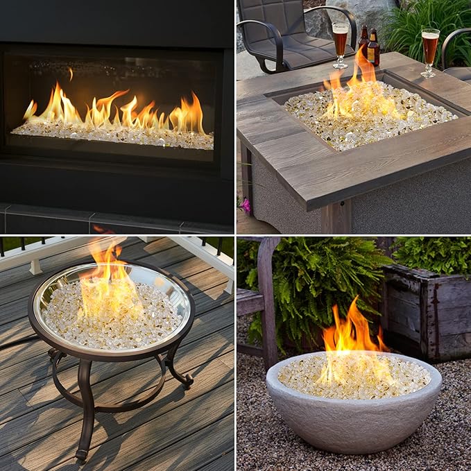 Onlyfire 10 pounds Fire Glass for Propane Fire Pit and Gas Fireplace, 1/4 Inch Reflective Firepit Glass Rocks for Fire Pit Table and Fire Bowl, High Luster Gold