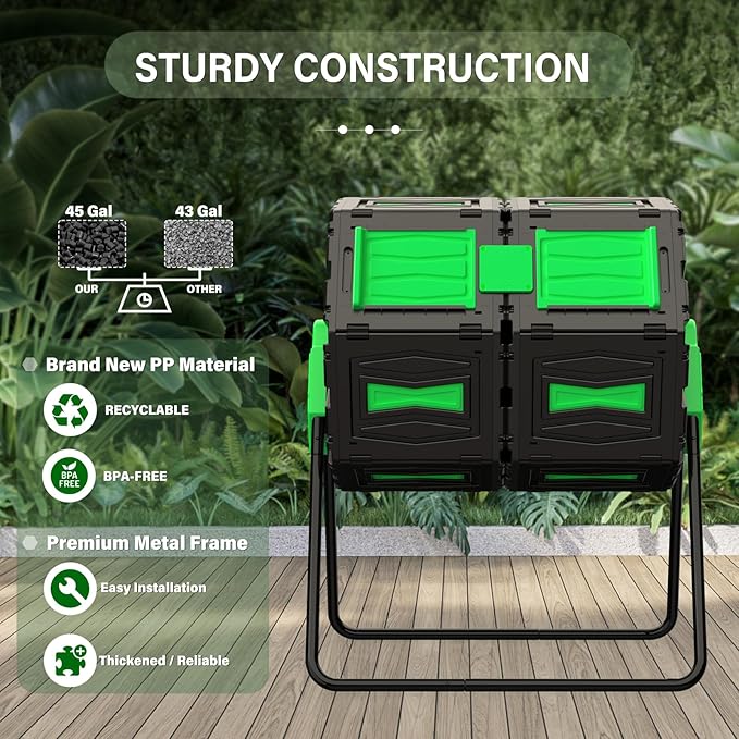 AACULPET 45 Gallon Dual Chamber Compost Tumbler, BPA-Free Rotating Outdoor Composter for Kitchen Waste & Yard, Heavy-Duty Fast Composting Bin for Sustainable Winter Gardening & Spring Prep