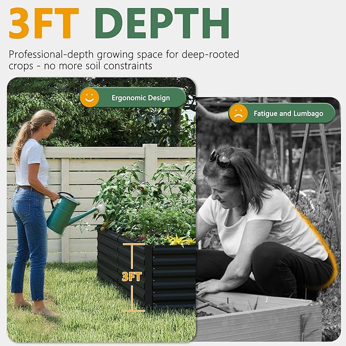 FOOWIN 2pcs 8x4x3ft Galvanized Raised Garden Bed, Planter Raised Garden Boxes Outdoor, Large Metal Raised Beds for Gardening, Garden Bed for Vegetables, Flowers, Herb, Black