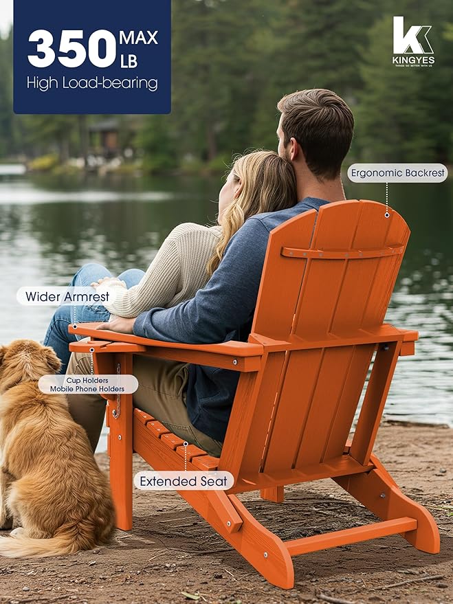 KINGYES Folding Adirondack Chair Set of 4, Dual Cup Holders & All-Weather HDPE, Wood-Like Patio Chair for Backyard, Camping, Pool & Fire Pit, Orange