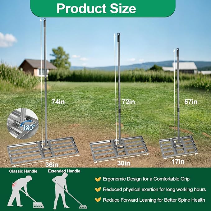 Lawn Leveling Rake, 30"x10" Heavy Duty Leveling Rake for Soil, Sand, Compost, Gravel, Steel Lawn Leveler with Adjustable Handle, Level Yard Tool for Backyard, Garden, Farm, Golf Course