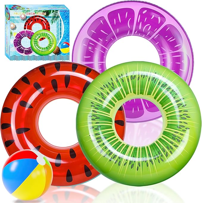 FindUWill 6 Pack Pool Floats Kids, Pool Swim Tubes Rings(4 Pack) - 4Pcs Inflatable Big Floaties Beach Swimming Toys with 2Pcs Beach Balls for Adults Raft Floaties Toddlers