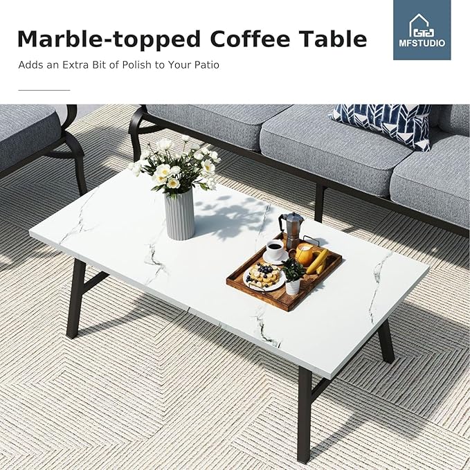 MFSTUDIO 6 Pieces Metal Patio Furniture Sets, 2 Swivel Chairs, 3-Seat Loveseat Sofa, 2 Patio Chairs & 1 Marbling Coffee Table, All Weather 7 Seats Outdoor Conversation Set for Garden Backyard, Grey