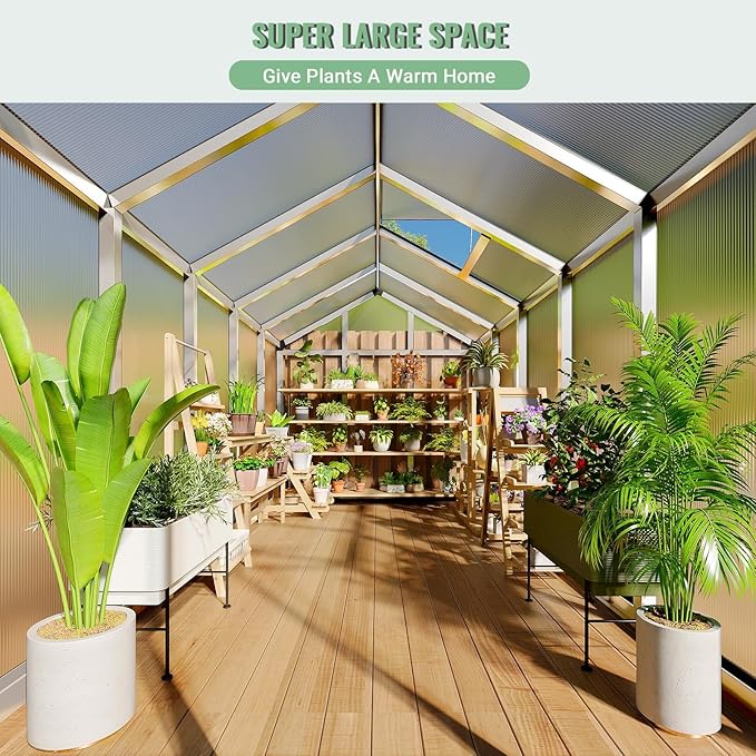 Greenhouse, 6x10 FT Greenhouse for Outdoors, Walk-in Green House with Ground Nails and Vent Windows, Sliding Lockable Door, Polycarbonate Greenhouses for Outside Garden Backyard, Quick Setup, Silver
