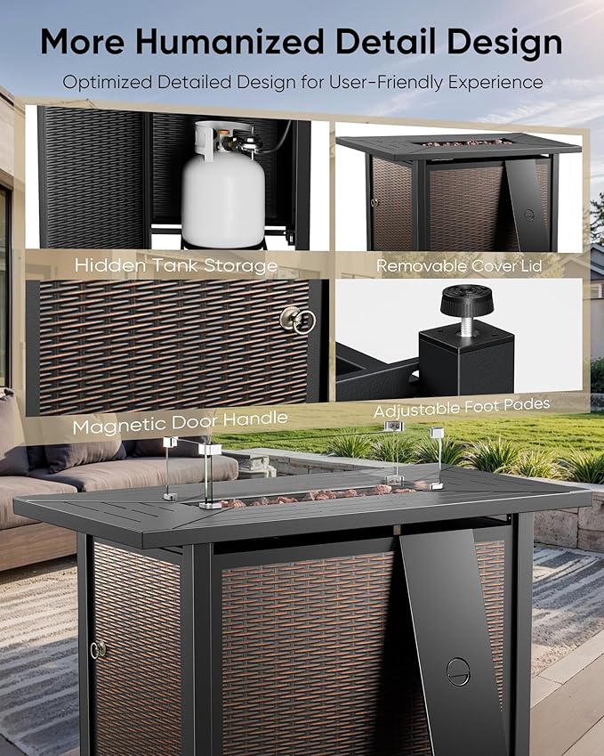 HUMMUH 7-Piece Patio Furniture Set with Fire Pit,Wicker Patio Sofa Set Outdoor Swivel Rocking Chairs with Ottomans for Backyard,Poolside,Deck