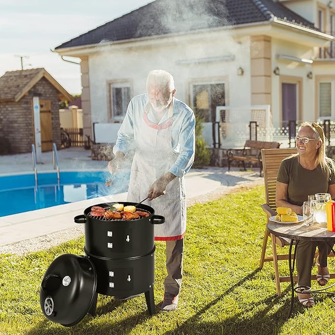 HAPPYGRILL 3-in-1 Charcoal Smoker Grill, Outdoor Vertical Charcoal Smoker with Built-in Thermometer & Adjustable Vent System, 2-Layer Separable BBQ Grills for Camping & Family Cooking