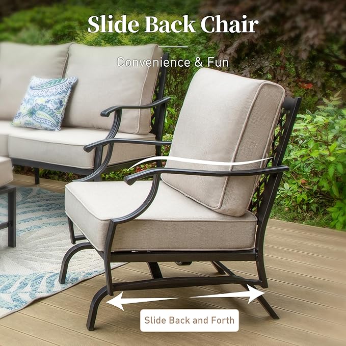 SUNSHINE VALLEY Patio Furniture Set with Firepit Table, 4 Piece Metal Outdoor Patio Furniture, 2 Rocking Chairs and 3 Seater Sofa with 5.75" Extra Thick Cushion and Gas Firepit Table for Backyard Deck