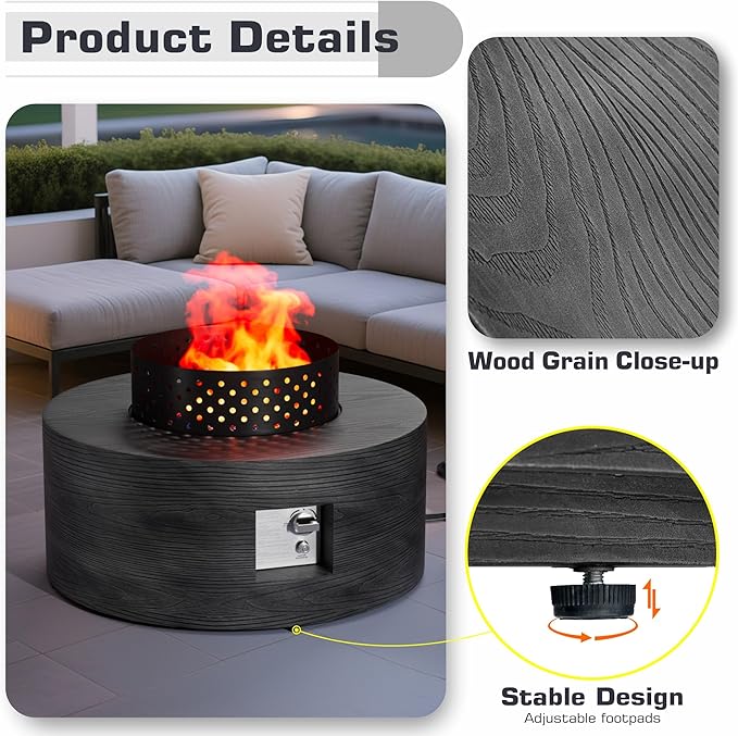 Wood Grain 30'' Patio Fire Pit Table Round, Propane Gas Fire Table 50,001 BTU, Outdoor Firepit & Fireplace for Patio, Black