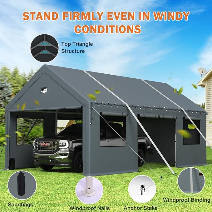 Carports 20X20 Heavy Duty，2 Car Carports with Side Doors，Portable Car Port Garage All Weather，Extra Large Outdoor Carport Canopy，Grey