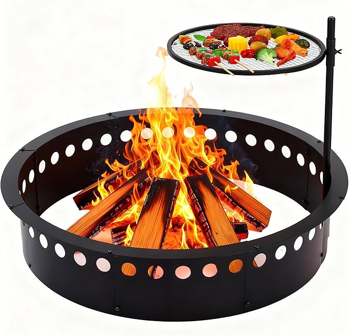 48 Inch Smokeless Fire Pit Ring with Grill Fire Ring for Outside Heavy Duty Metal Firepit Insert Round Steel Large Above/In-Ground Camping Firepit for Outdoor Camping Patio Picnic BBQ Garden