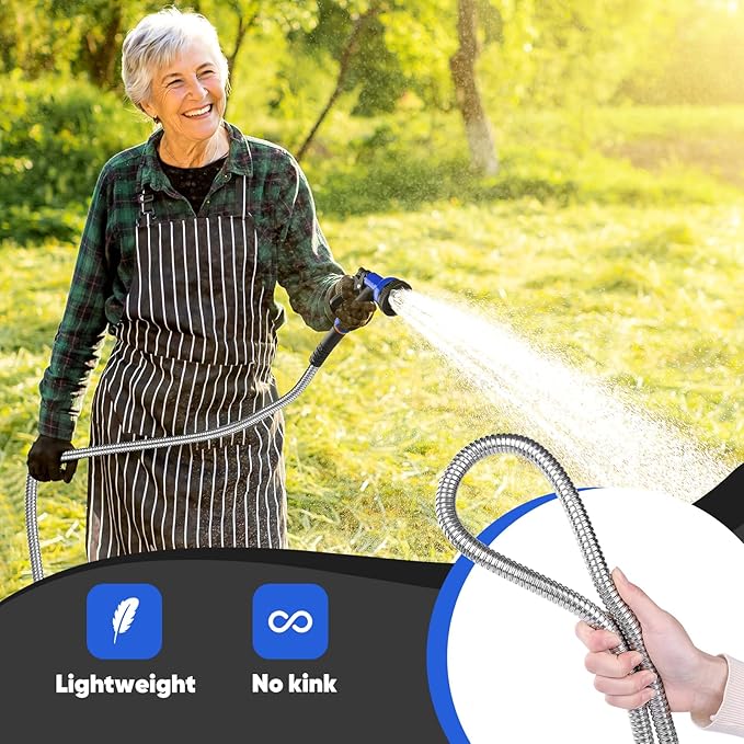 Garden Hose 25ft, Stainless Steel Metal Water Hose with 10 Function Nozzle, Lightweight Hose, No Kink, Leak-proof, Puncture Resistant for Yard, Outdoor, RV