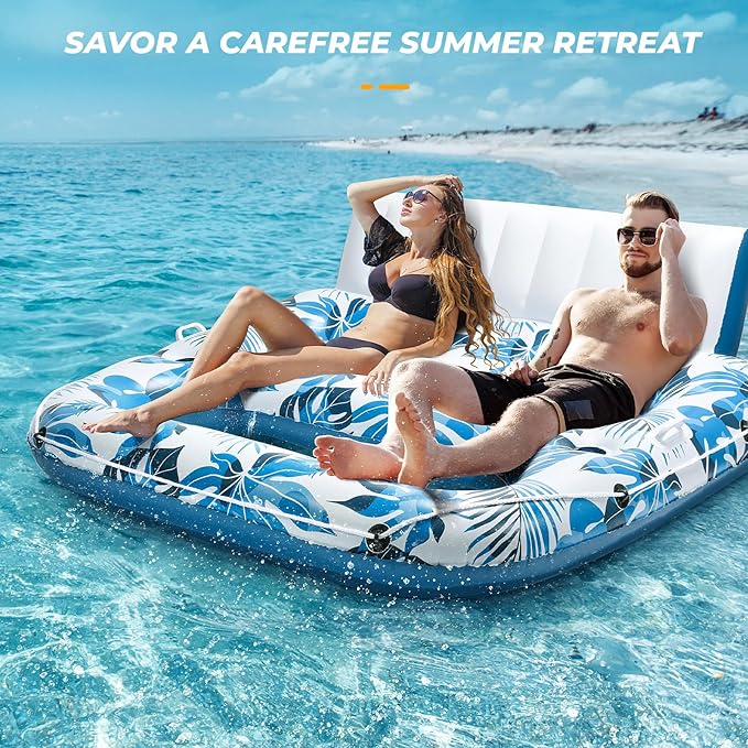 Pool Floats Adult 1-2-3 Person Inflatable Lounger, Extra Large Tanning Recliner Floaty Chair Raft with Backrest, Footrest, Cup Holder for Pool, Lake, River, Beach, Ocean & Party Use