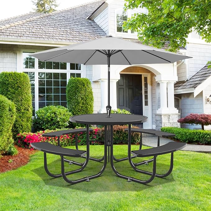 dafrigic 46" Round All Weather Resistant Commercial Picnic Table for Outdoors, Heavy Duty Picnic Table up to 4600 lbs with Umbrella Hole for School, Warehouse, Coffee Shop, Black