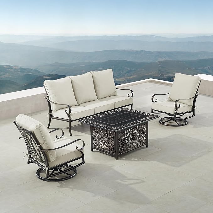 Oakland Living Black Aluminum Patio Fire Table Set with Deep Seating Sofa, Two Club Chairs and Wind Blocker