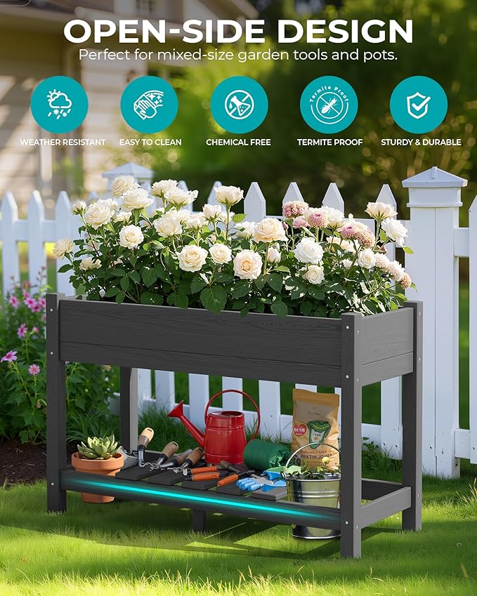SERWALL Raised Garden Bed, HDPE Raised Bed for Gardening All Weather Use- Grey