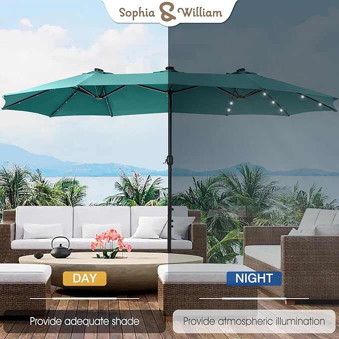 Sophia & William 15 ft Extra Large Patio Umbrella with Solar Lights, Rectangular Outdoor Umbrella with Base Included, Market Umbrella Double-sided Heavy Duty for Pool Garden Backyard, Turquoise
