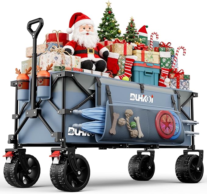 49" L Collapsible Extended Wagon with 500lbs Weight Capacity,300L Heavy Duty Sports Wagon,Big All-Terrian Wheels with Cup Holders,Cart for Sports,Grocery,Shopping(LightBlue)