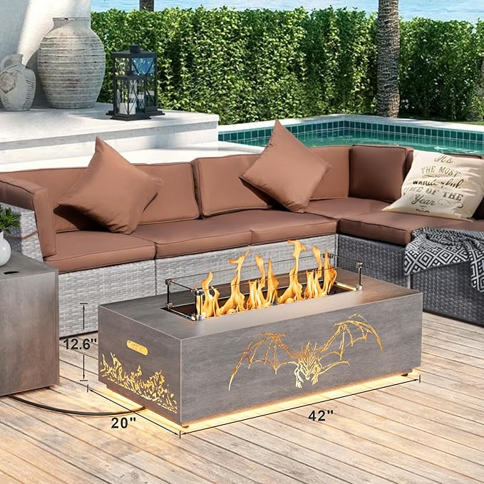 Dineli 2-Piece Outdoor Propane Fire Pit Table Set w Tank Table 42'' Rectangular Gas Fire Pits for Outside Patio Fire Table w LED, 50,000 BTU (Gray, Pterosaur Cutout with Warmlight)