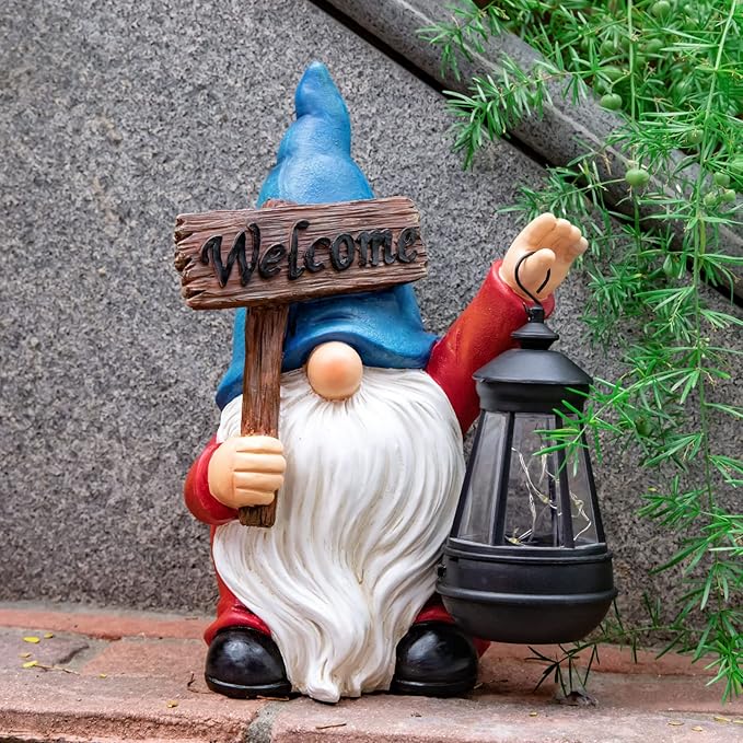 WONDHOME Garden Gnome Outdoor Decoration Solar Gnomes Statue with Lantern LED Lights,Terrace Courtyard Lawn Patio Porch Fall Decoration Halloween Christmas Housewarming Gift for Mom Women, Gnome Blue