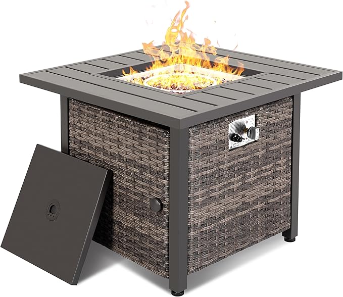 Nuu Garden 30 inch Outdoor Propane Fire Pit 50,000 BTU Gas Fire Pit Table with Lid, Hand-Woven Wicker, Square Gas Fire Table with Glass Beads for Garden, Patio, CSA Certification