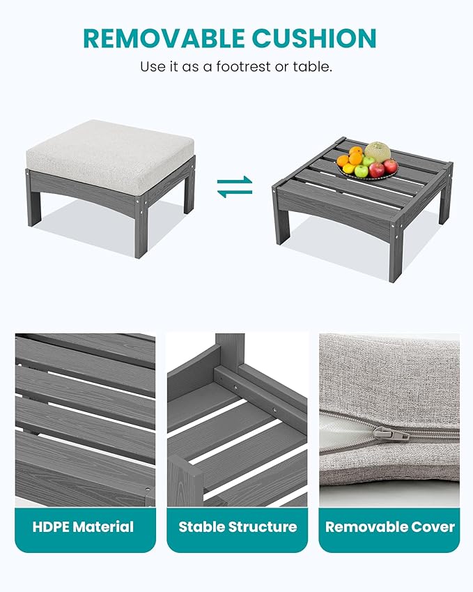 SERWALL 5-Piece Patio Sofas, All-Weather HDPE Outdoor Sectional Sofa with Cushions and Coffee Table, Large Modular Patio Conversation Set for Garden, Lawn, Deck, Porch, Grey Frame with Khaki Cushion