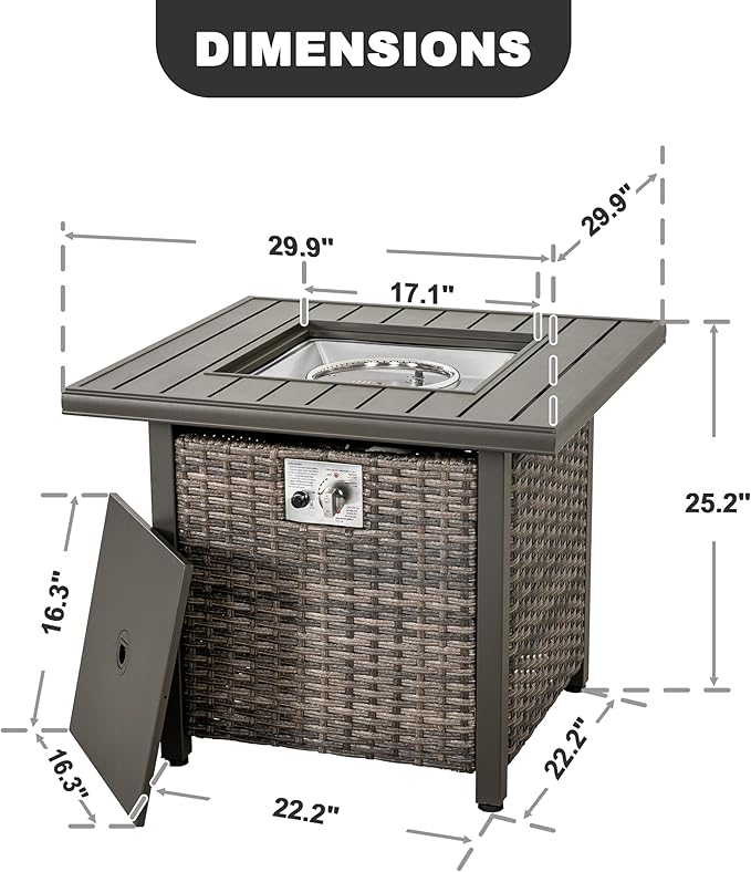 Nuu Garden 30 inch Outdoor Propane Fire Pit 50,000 BTU Gas Fire Pit Table with Lid, Hand-Woven Wicker, Square Gas Fire Table with Glass Beads for Garden, Patio, CSA Certification
